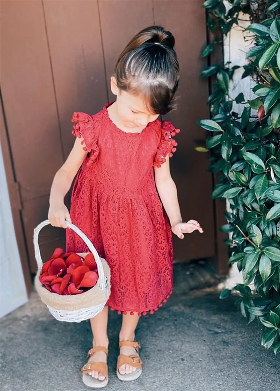 Sunflower Lace Pom Pom Trim Girl Dress in Wine Red