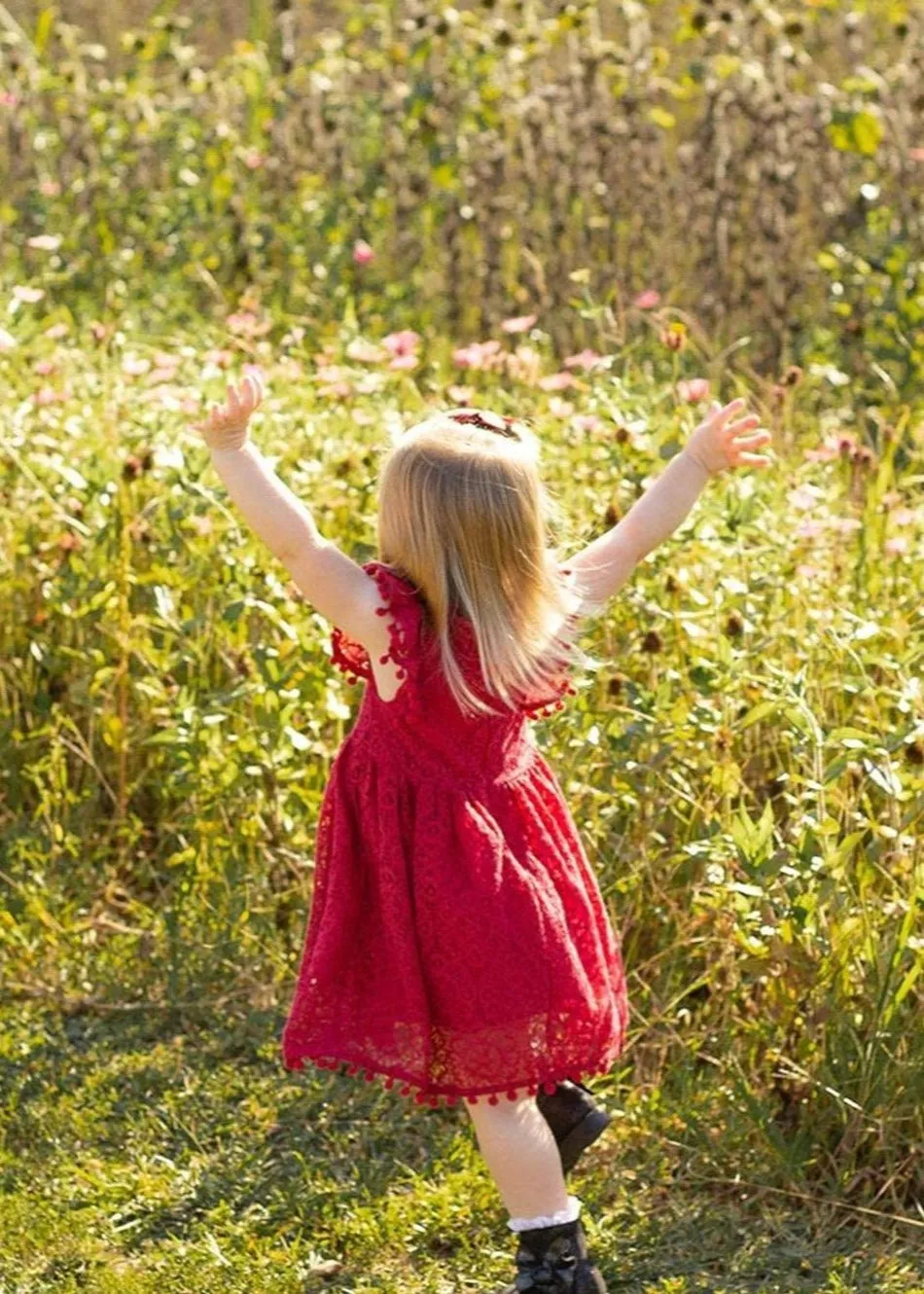 Sunflower Lace Pom Pom Trim Girl Dress in Wine Red