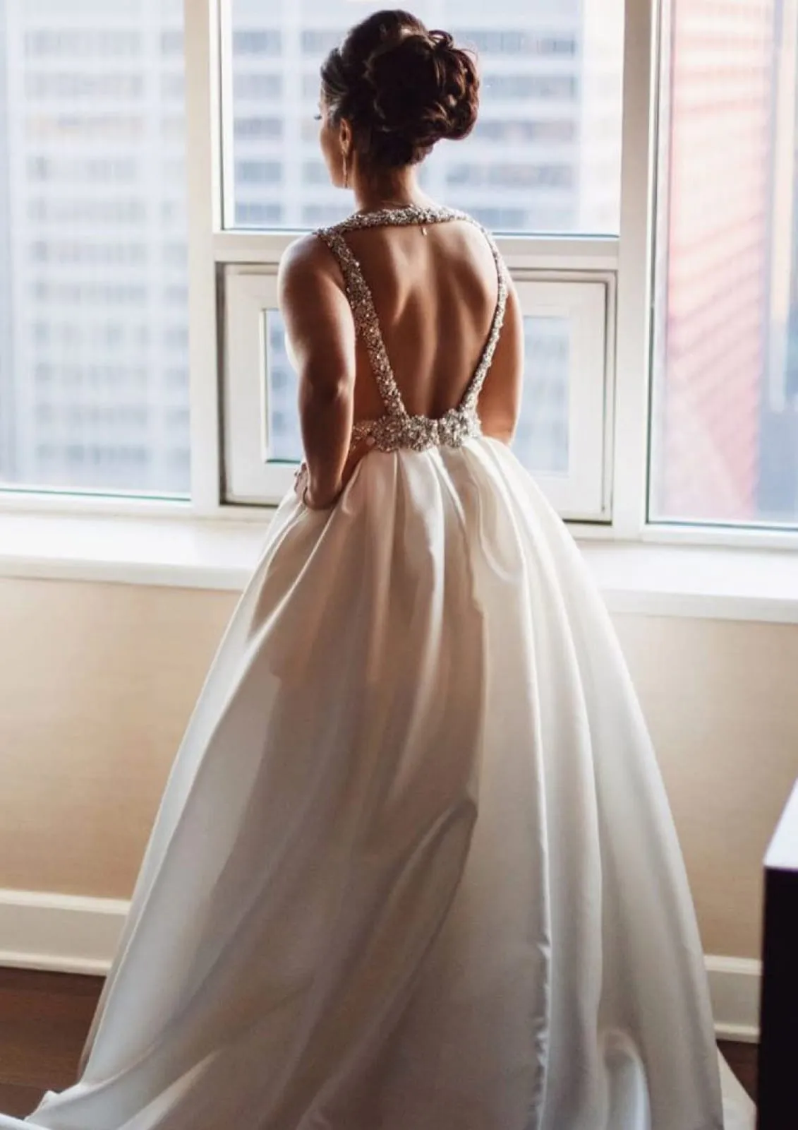 Taffeta Ball Gown Sleeveless Plunging Open Back Wedding Dress, Beaded Belt
