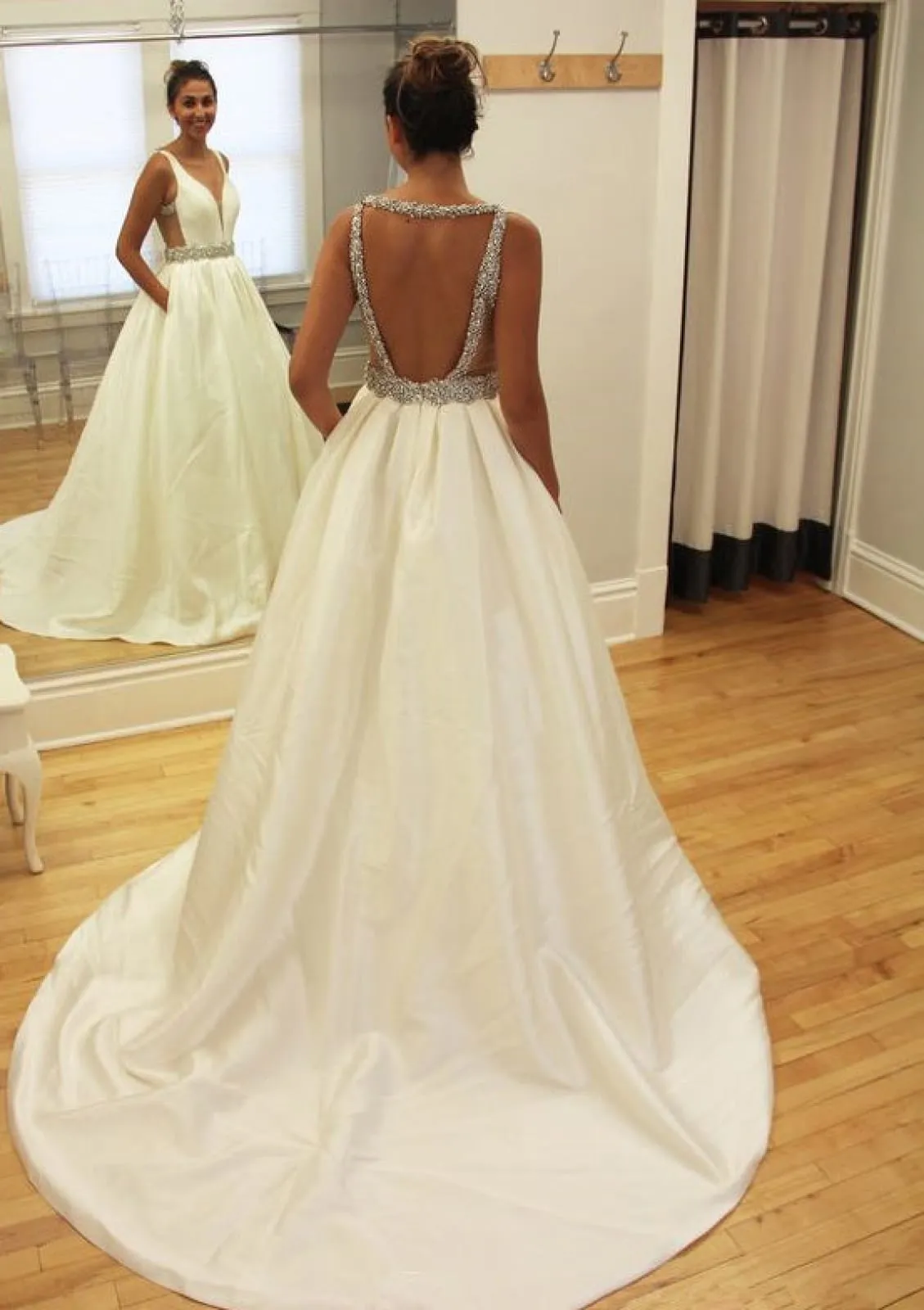 Taffeta Ball Gown Sleeveless Plunging Open Back Wedding Dress, Beaded Belt