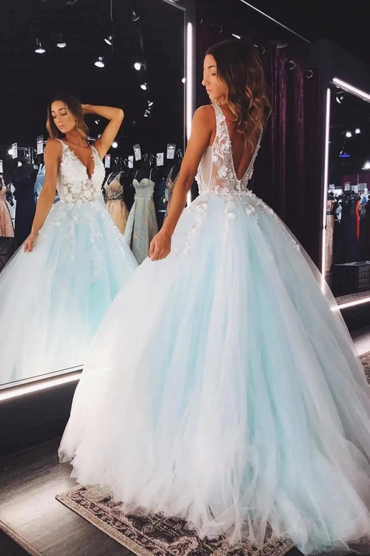 Teal Lace Prom Dresses 3D Flowers Floral V Neck Long Formal Evening Dresses