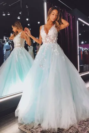 Teal Lace Prom Dresses 3D Flowers Floral V Neck Long Formal Evening Dresses