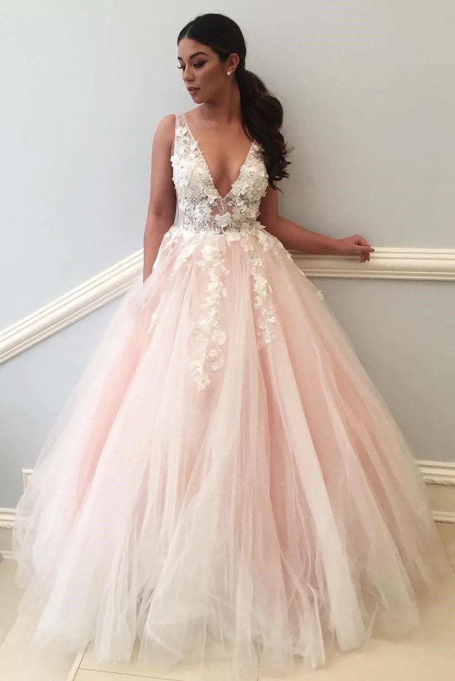 Teal Lace Prom Dresses 3D Flowers Floral V Neck Long Formal Evening Dresses