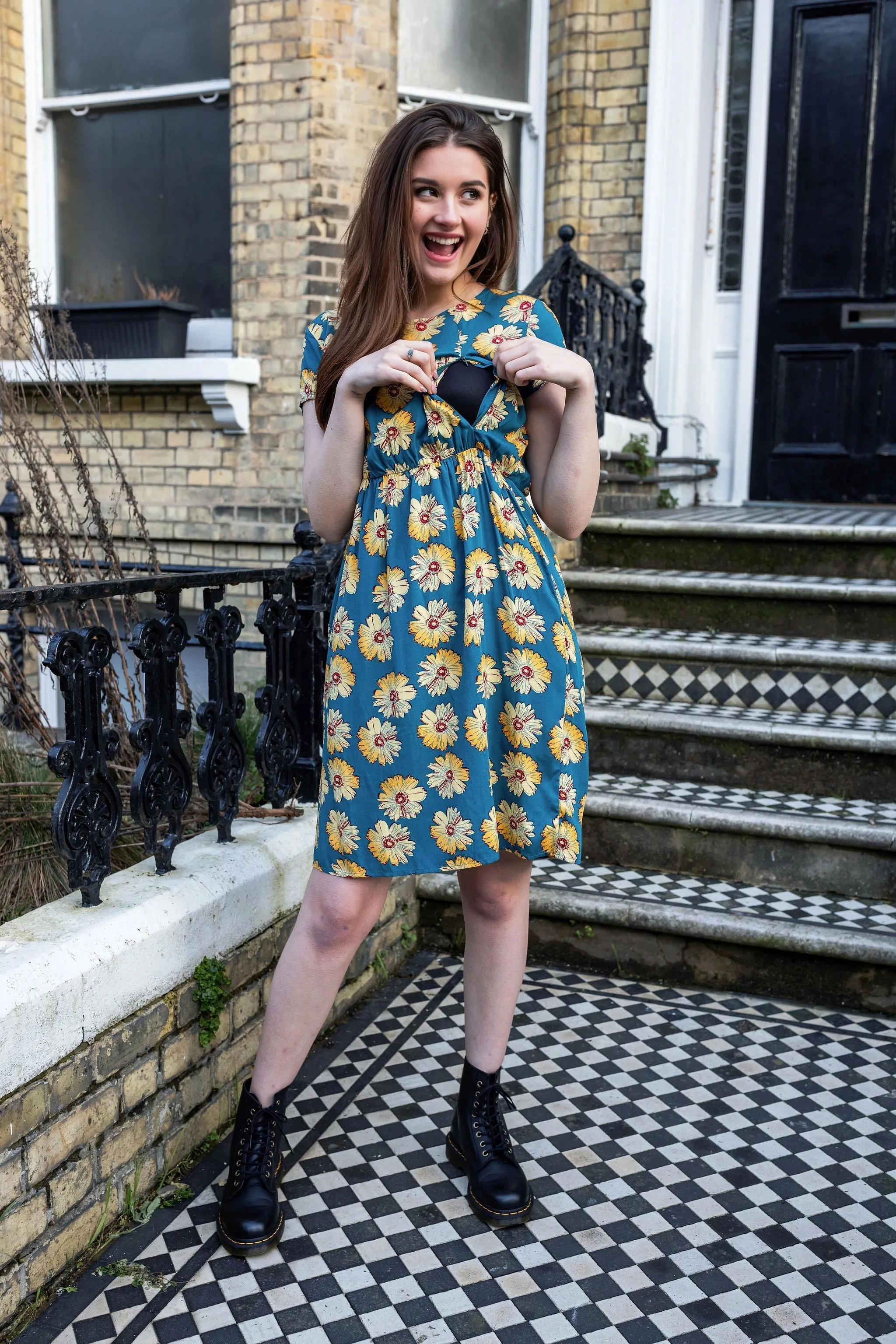The Knee Length Breastfeeding Dress - Blue Sunflower