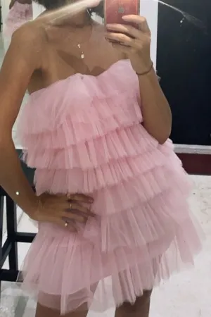Tiered Tulle Pink Homecoming Dress, Princess Strapless Short Prom Dress       fg838