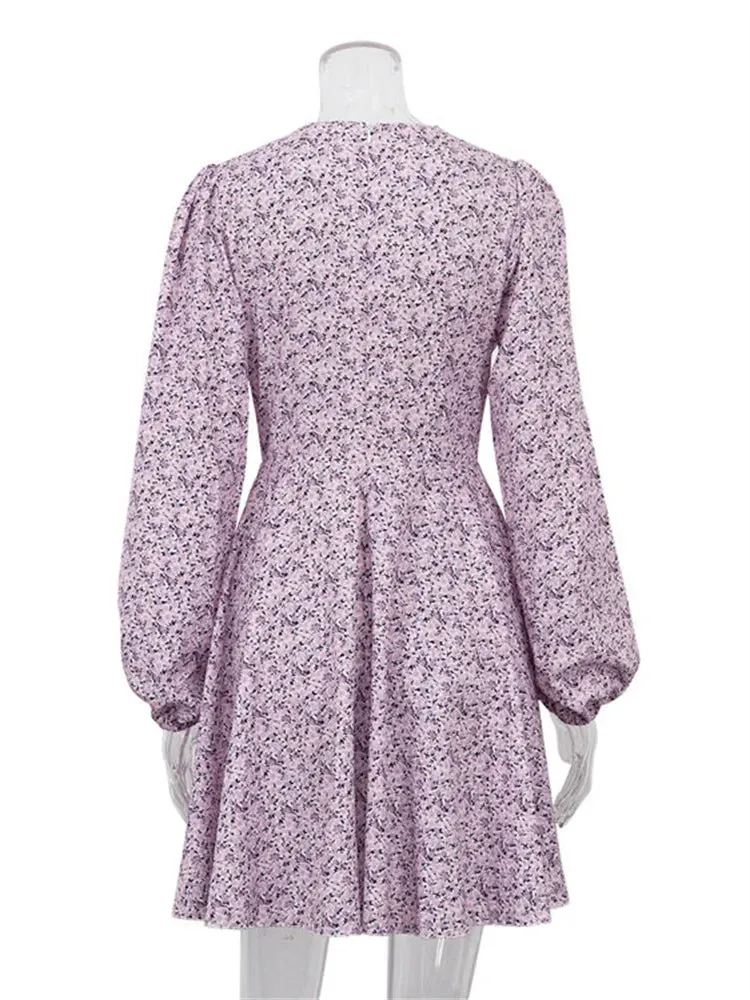 Tossy V-Neck Print Dress New Fashion Hollow Out Elegant Long Sleeve Dress Patchwork Knee Length Dress