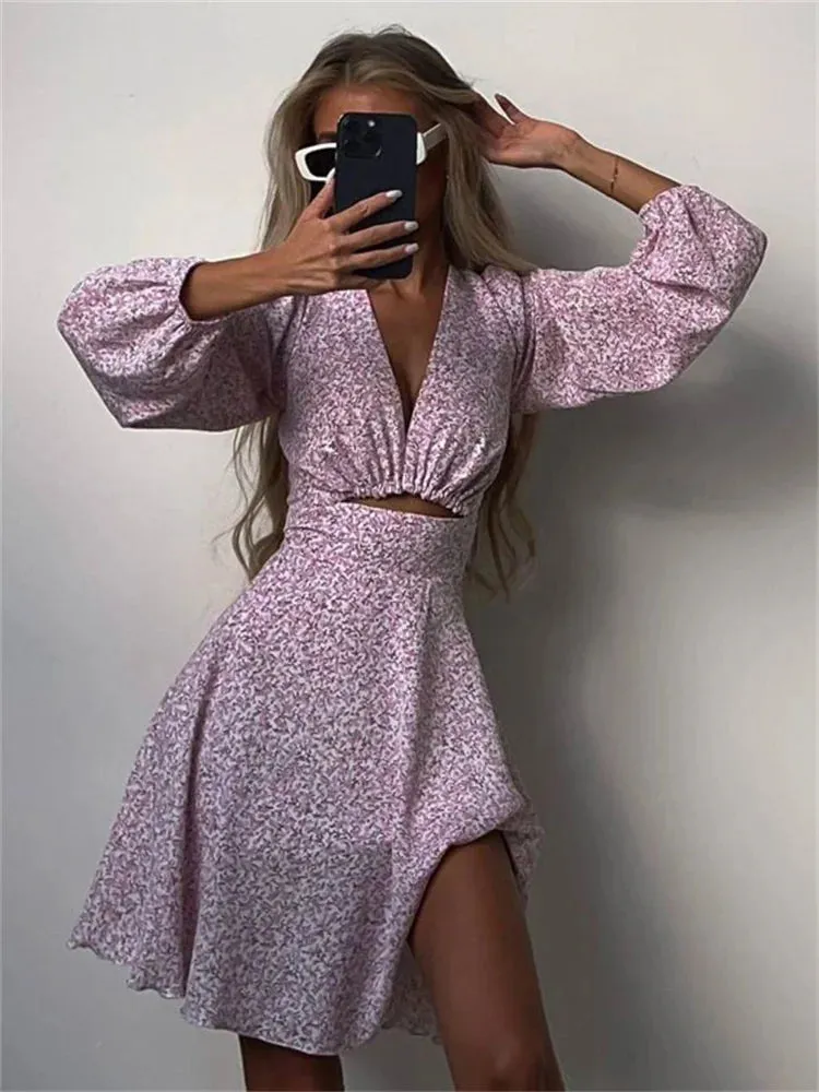 Tossy V-Neck Print Dress New Fashion Hollow Out Elegant Long Sleeve Dress Patchwork Knee Length Dress