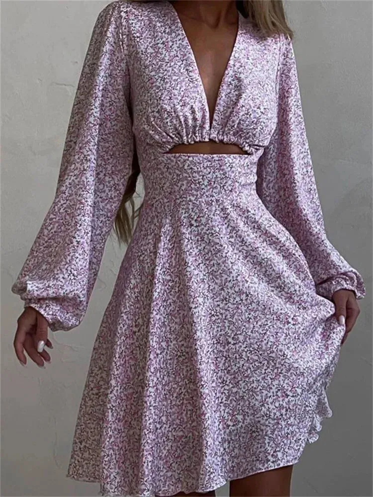 Tossy V-Neck Print Dress New Fashion Hollow Out Elegant Long Sleeve Dress Patchwork Knee Length Dress