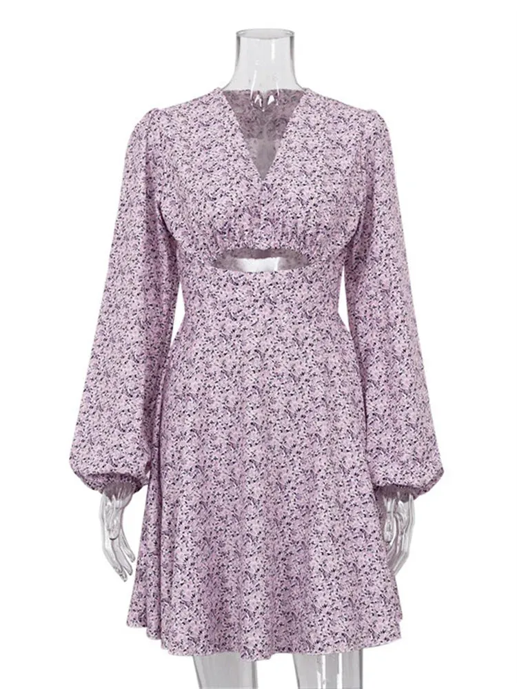 Tossy V-Neck Print Dress New Fashion Hollow Out Elegant Long Sleeve Dress Patchwork Knee Length Dress