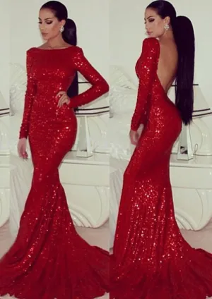 Trumpet Long Sleeve Bateau Backless Court Train Sequined Prom Party Evening Gown