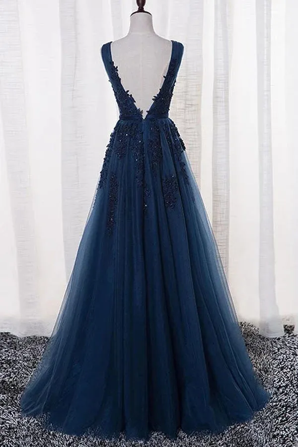 Tulle A-line V-neck Floor-length Prom/Evening Dress With Appliques,MP525