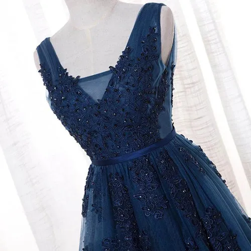 Tulle A-line V-neck Floor-length Prom/Evening Dress With Appliques,MP525