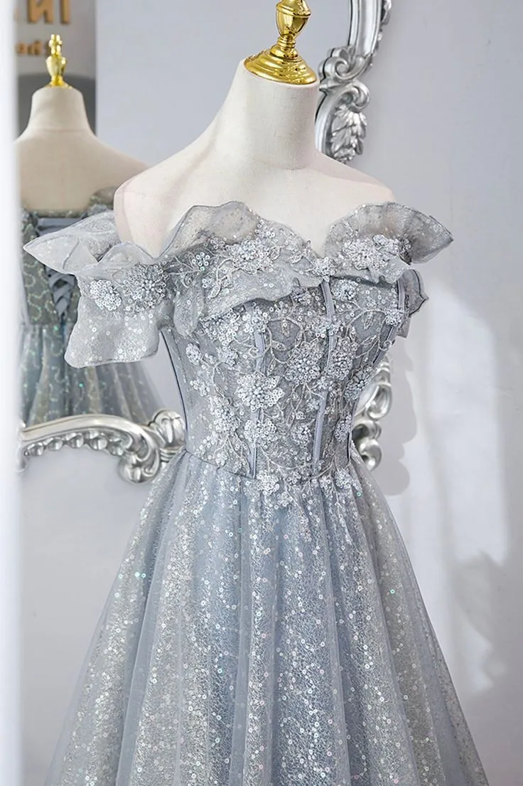 Tulle Lace Long Prom Dresses, A-Line Sequins Evening Dresses     fg5490