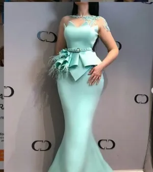 turquoise blue evening dresses long sleeve mermaid feather lace appliqué modest evening gowns