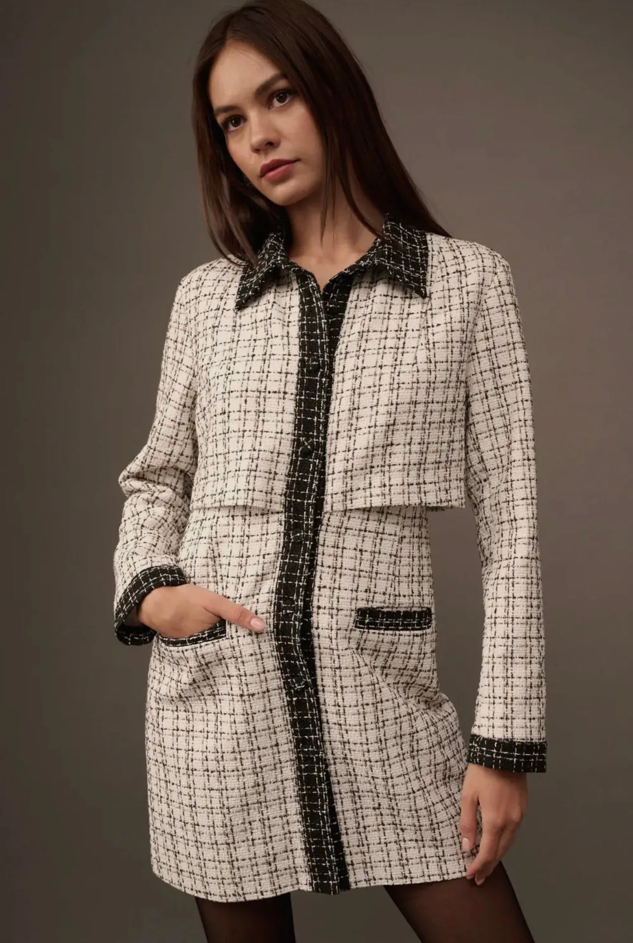 Tweed Multi Color Plaid Button Front Mini Dress