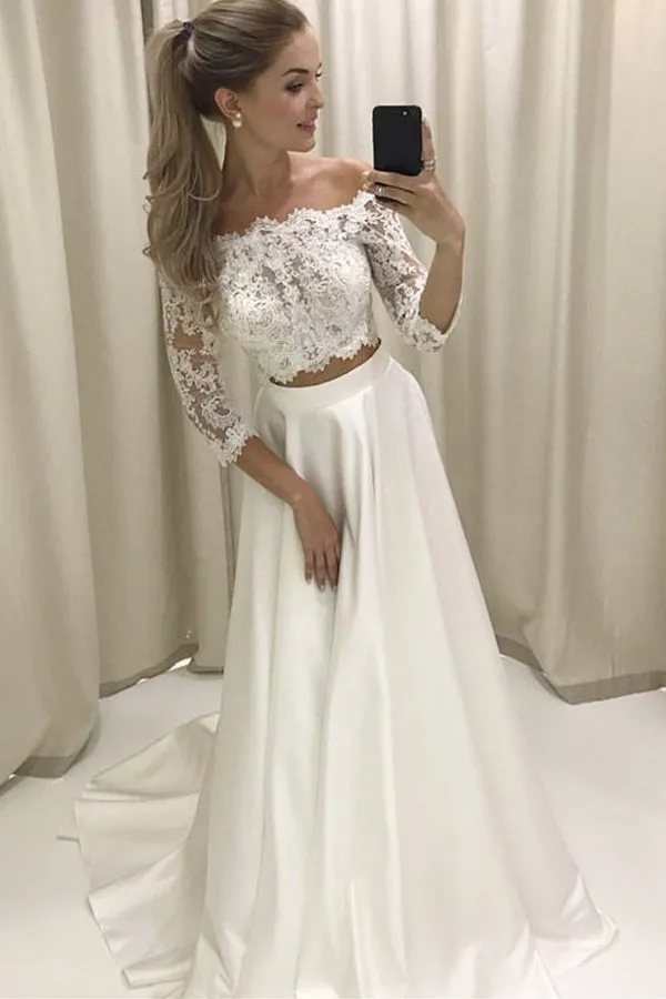 Two Piece Off-the-shoulder Sleeves Satin Wedding Dress with Lace Wedding Dresses-715460