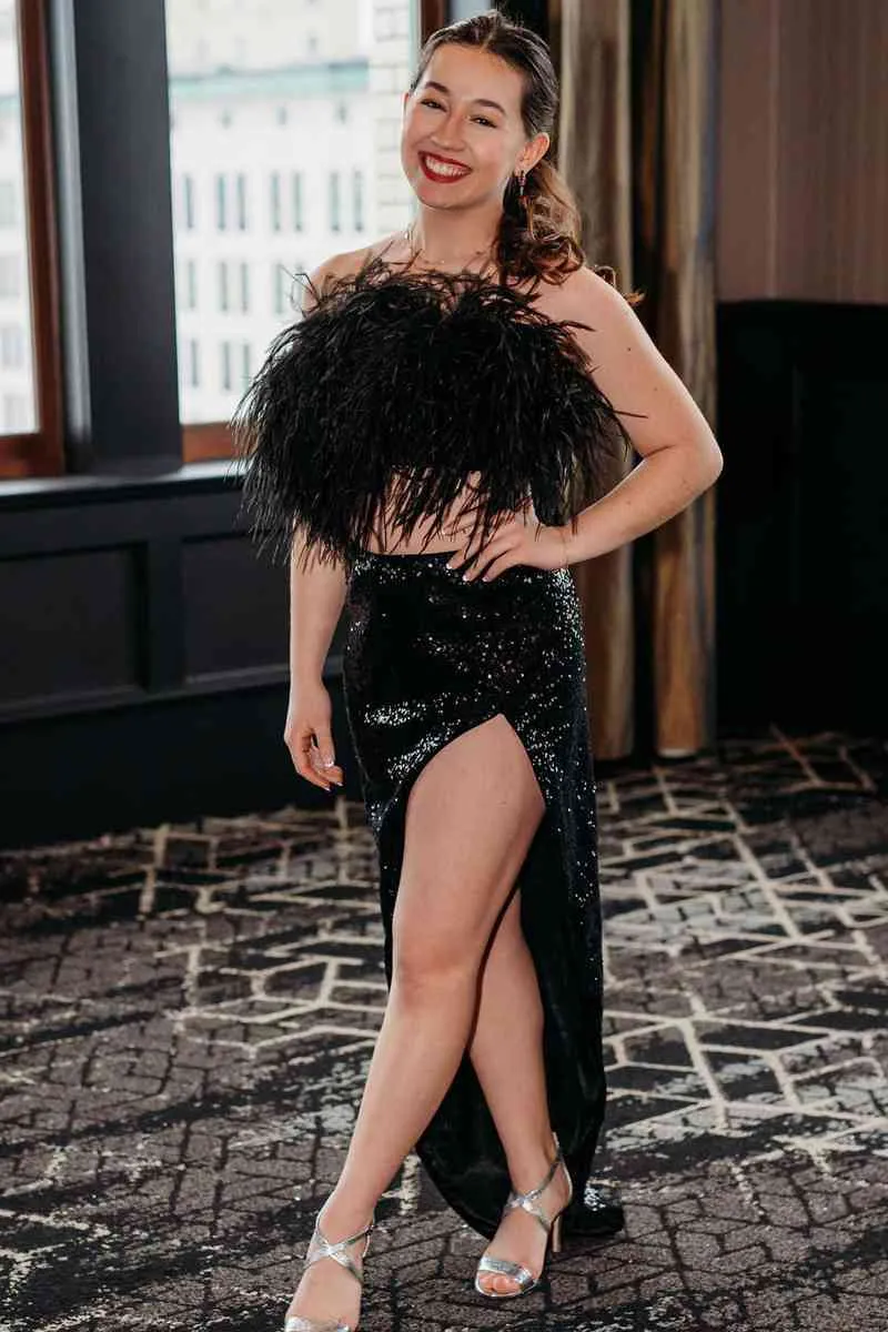 Two Piece Strapless Sequins Slit Party Dress with Feather Top