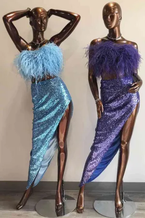 Two Piece Strapless Sequins Slit Party Dress with Feather Top
