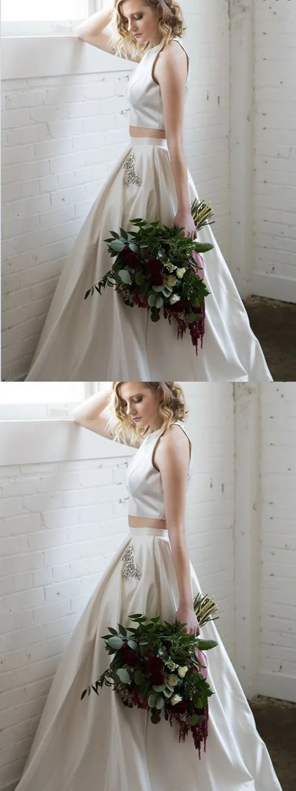 Two Piece White Satin Prom Dress With Beading Pockets ,Cheap Prom Dresses,PDY0400