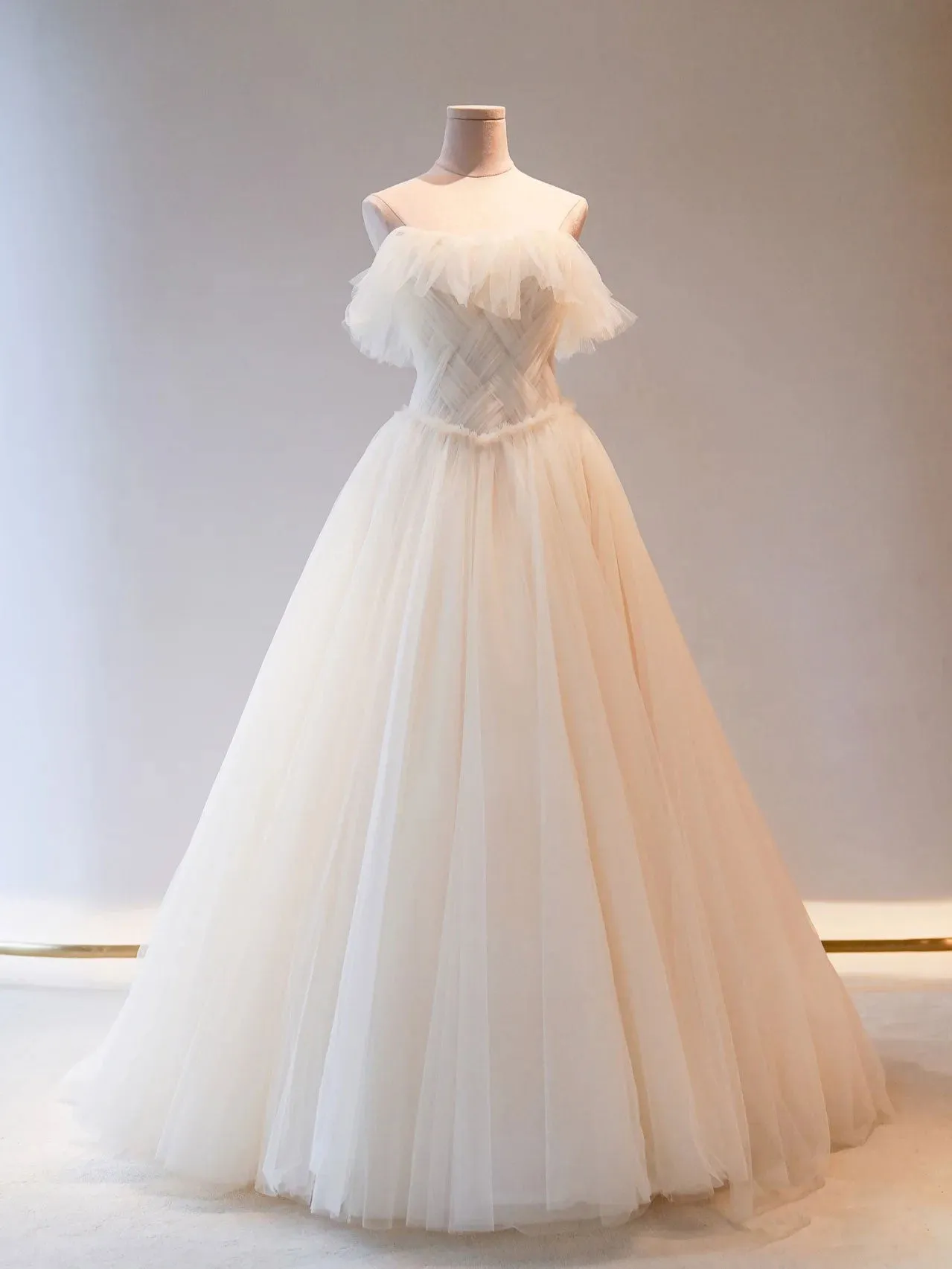 Unique Light Champagne Tulle Long Prom Dress, Tulle Formal Wedding Dress