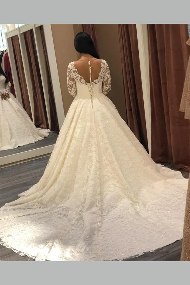 V-neckline Long-sleeved Lace Bridal Dresses Plus Size