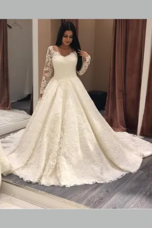 V-neckline Long-sleeved Lace Bridal Dresses Plus Size