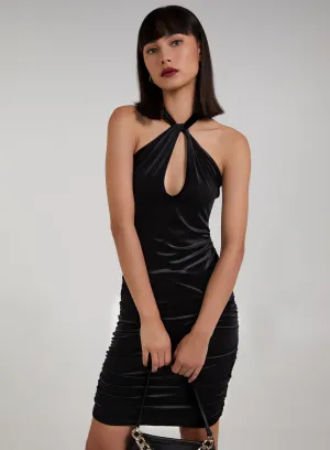 Velvet Halter Neck Ruched Dress