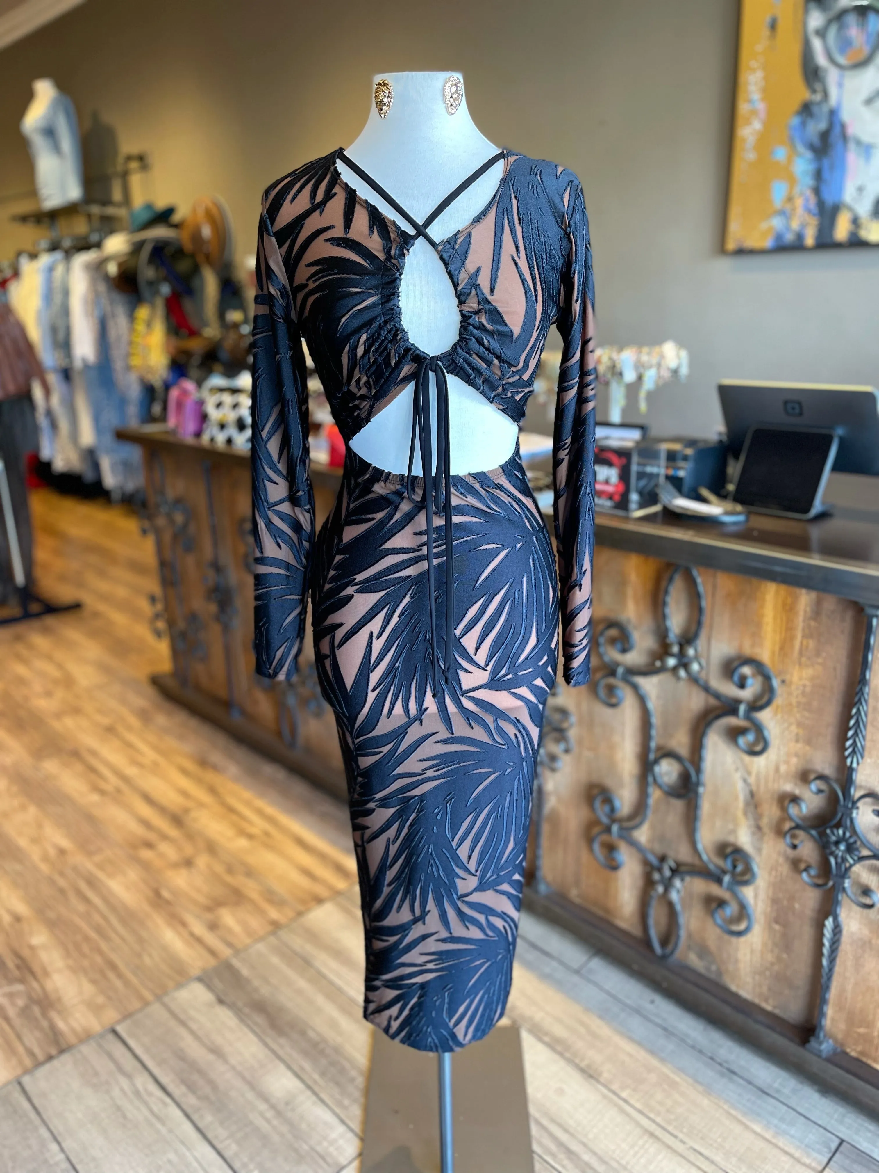 Velvet Long Sleeve Burnout Dress