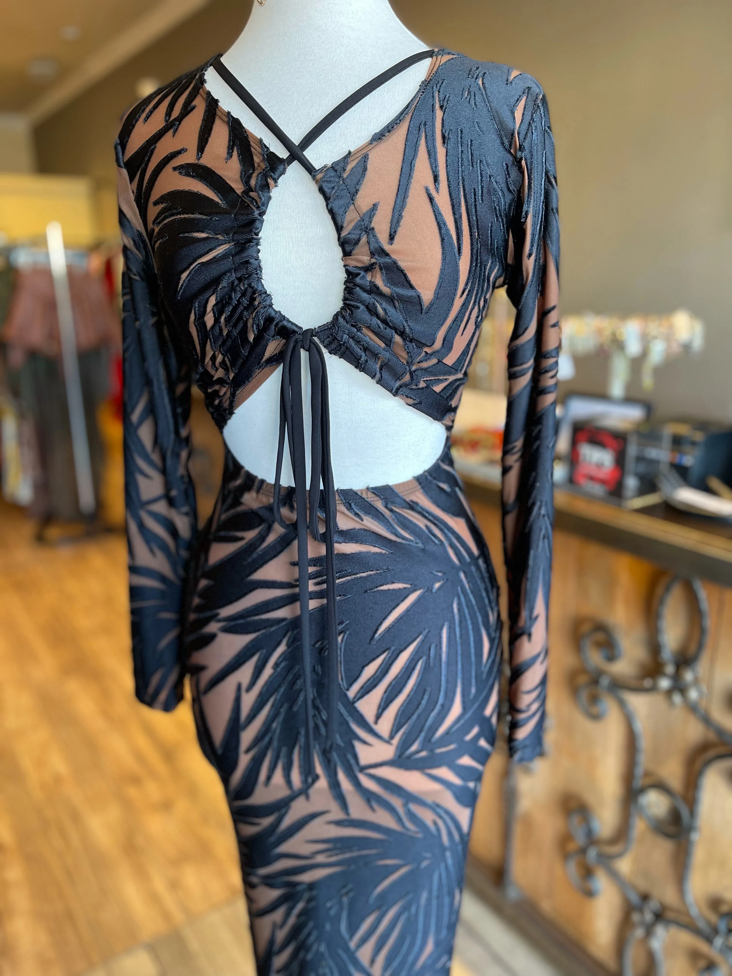 Velvet Long Sleeve Burnout Dress