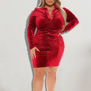 Velvet Long Sleeve Button Detailed Ruched Bodycon Dress
