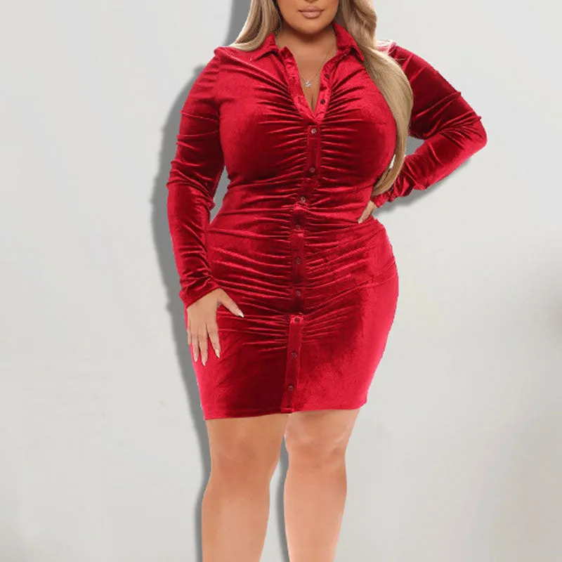 Velvet Long Sleeve Button Detailed Ruched Bodycon Dress