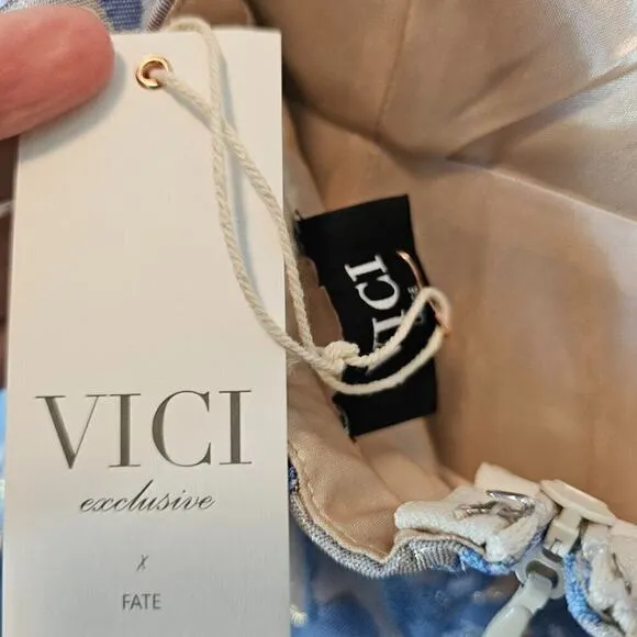 Vici NWT Windsor Floral Blue Shimmer Strapless Midi Dress Size Large