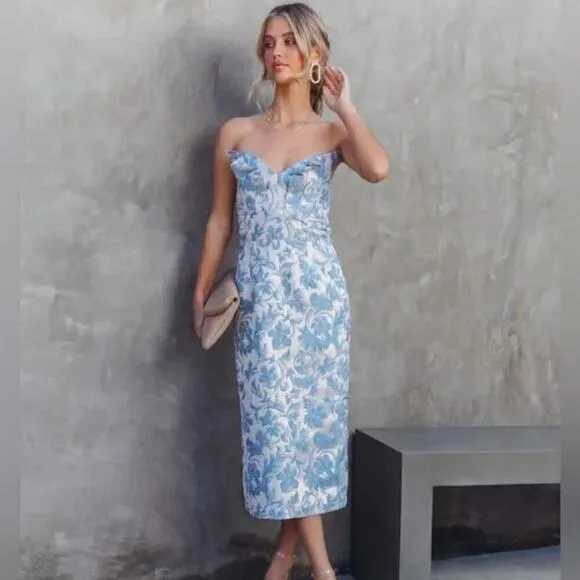 Vici NWT Windsor Floral Blue Shimmer Strapless Midi Dress Size Large