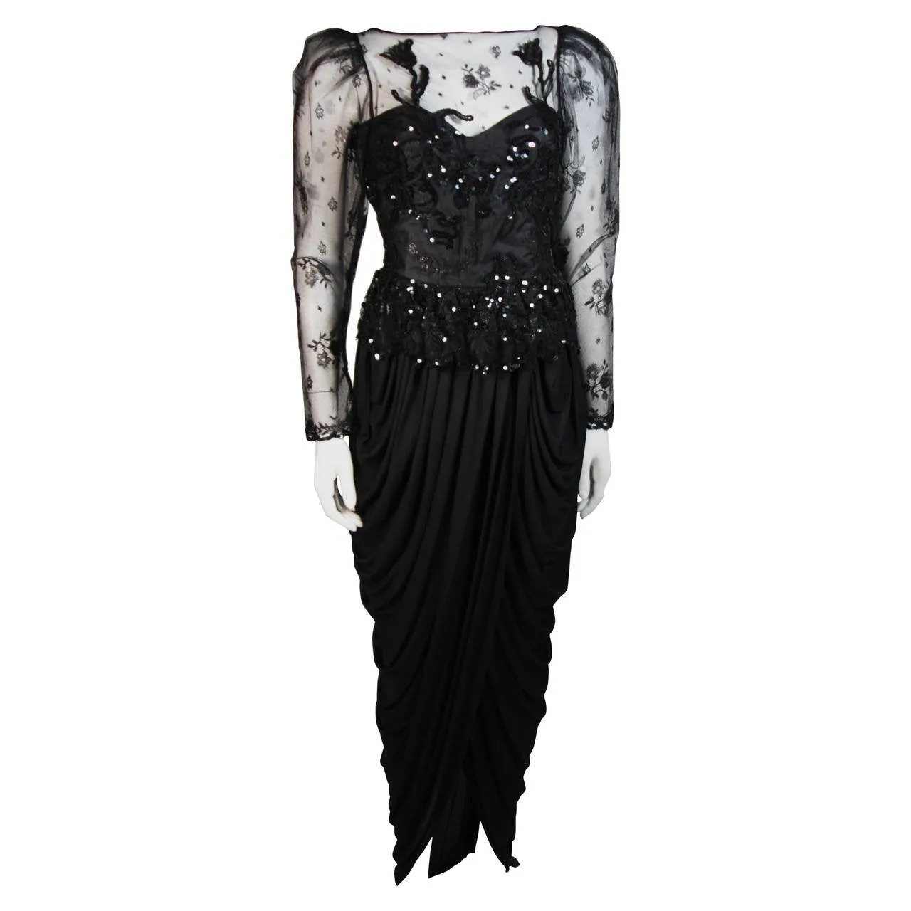 VICKY TIEL Black Lace and Jersey Gown Size 38