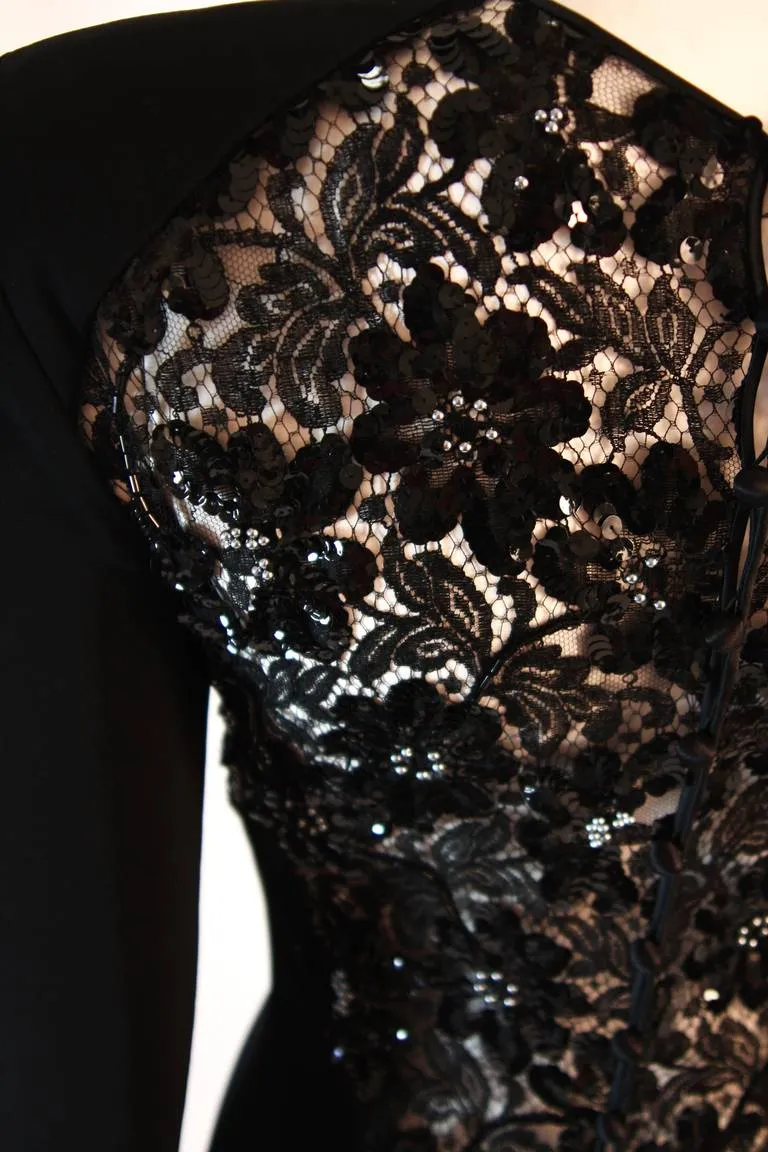 VICKY TIEL Sequined Lace Black Gown Size 38