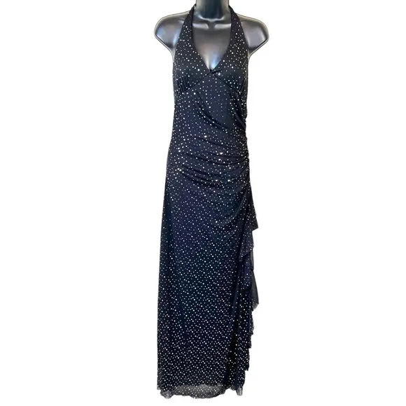 Vintage 90s Jodi Kristopher Y2K‎ Black Silver Sequined Gown Dress