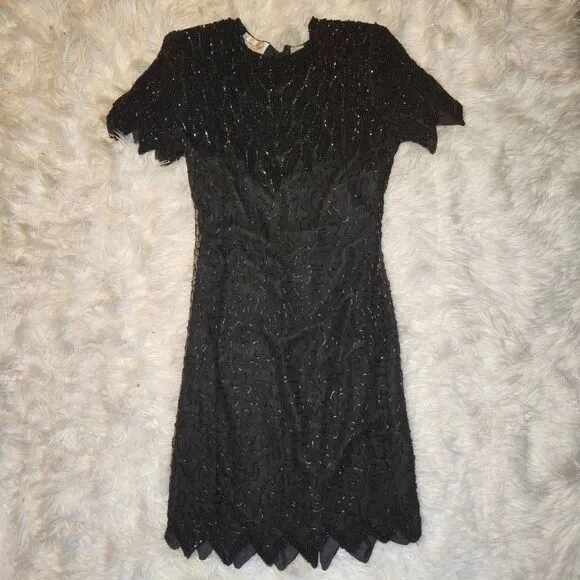 Vintage Laurence Kazar Black Silk Beaded Mini Dress