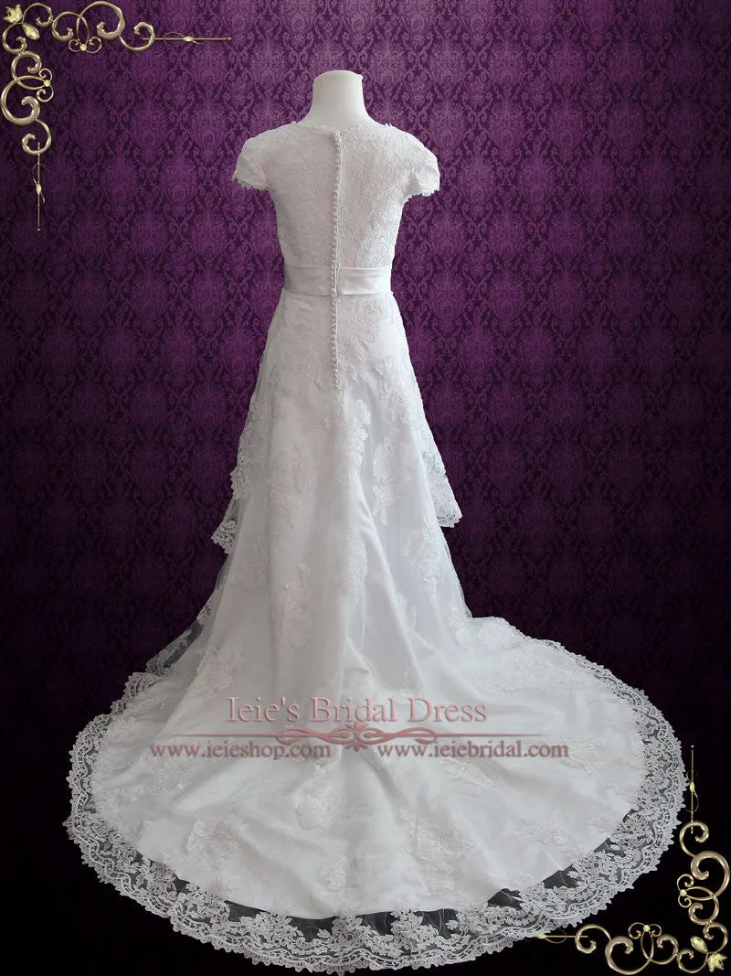 Vintage Style Modest Lace Wedding Dress with Short Sleeves ELINA