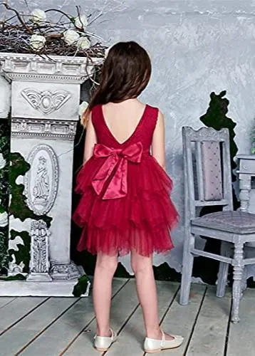 Violet Lace Silk Bow Boho Tiered Tulle Girl Dress in Wine Red