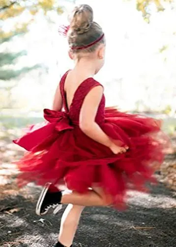 Violet Lace Silk Bow Boho Tiered Tulle Girl Dress in Wine Red