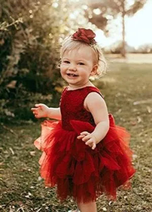 Violet Lace Silk Bow Boho Tiered Tulle Girl Dress in Wine Red