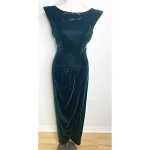 Vtg 80s  Lillie Rubin Emerald Green Velvet Maxi Dress Draped Sheath Dress Size 4