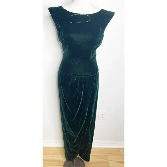 Vtg 80s  Lillie Rubin Emerald Green Velvet Maxi Dress Draped Sheath Dress Size 4