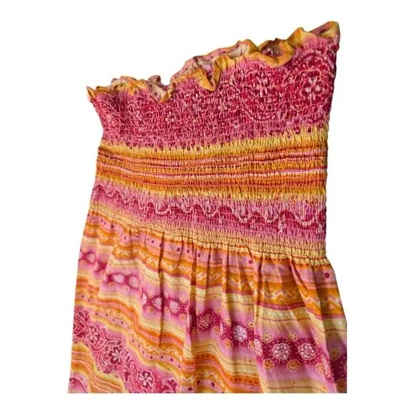 Vtg Y2K Handmade Pink Tube Dress Smocked Strapless Size L Coconut Girl Hawaiian