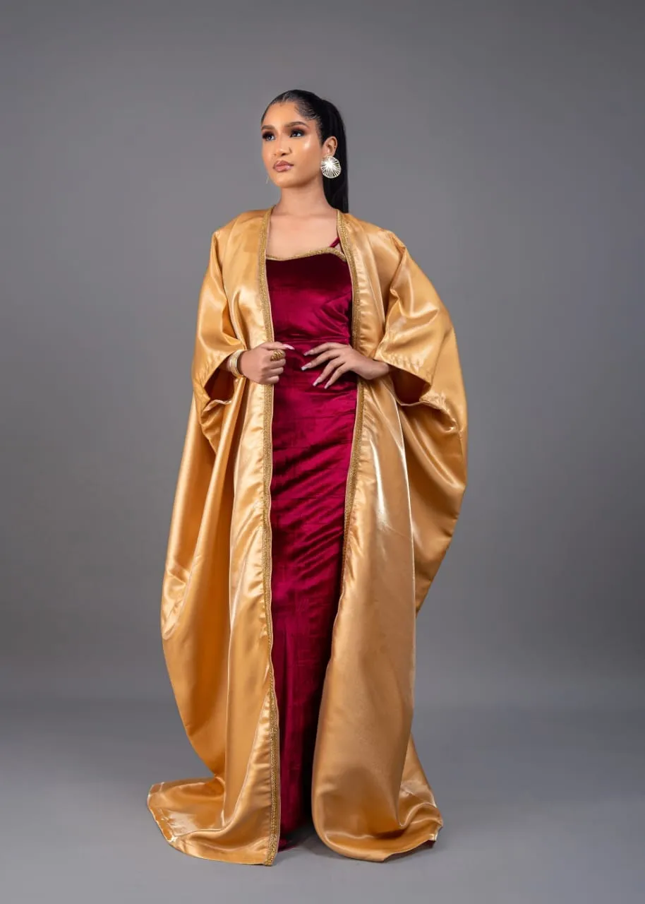 Wave Tube Velvet Red Dress with  Kimono Set