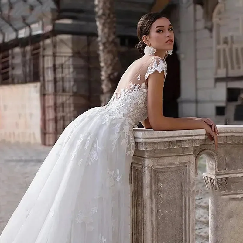 Wedding Dress Short Sleeves Lacde Appliques Mermaid Bridal Dress