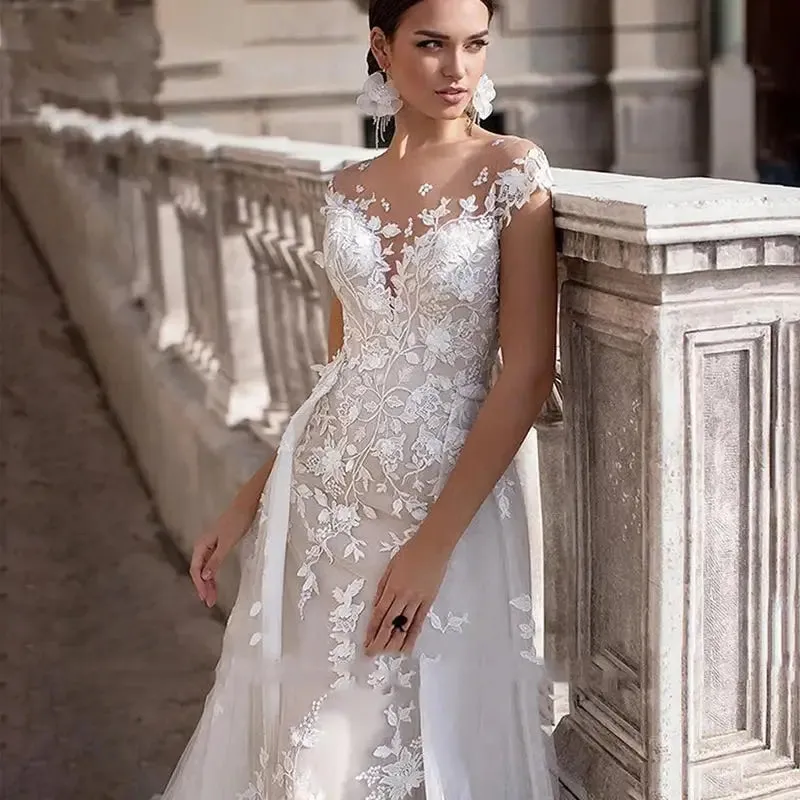 Wedding Dress Short Sleeves Lacde Appliques Mermaid Bridal Dress