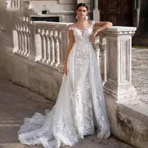 Wedding Dress Short Sleeves Lacde Appliques Mermaid Bridal Dress