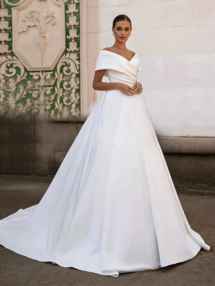 Wedding Dresses Off The Shoulder Satin A-Line Bridal Gowns For Formal Party