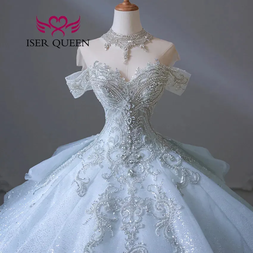 Wedding Guest Dresses: Off Shoulder Wedding Dress Heavy Beading Lace Tailing Princess